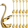 11 Pcs Small Coffee Spoon Holder Set,Including 1 Swan Base with 10 Demitasse Espresso Spoons (Gold/Sliver),4.7" Mini Leaf Dessert Spoon,Halloween Christmas Party Father's Day Gift,Hand Tools Kits