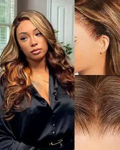 (NEW )Megalook 13x6 Three-Go Brown Ombre Highlights Glueless Wig Loose Body Wave With Drawstring 100% Human Hair Wig