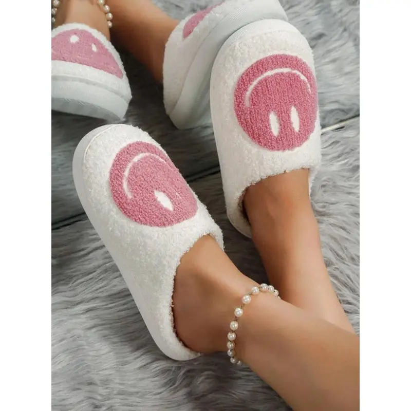 Women's Cute Cartoon Smile Face Design Plush Slippers, Casual Soft Comfortable Home Slippers, Warm Slippers for Indoor & Outdoor Use for Fall & Winter