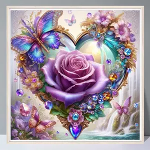 Purple Rose 5D Diamond Painting Set Without Frame, New Tools Diy Handmade Round Diamond Mosaic Crystal Butterfly Home Decor