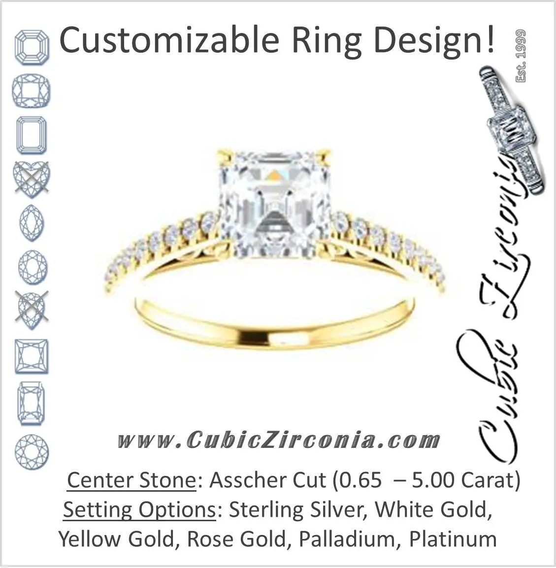 Cubic Zirconia Engagement Ring- The Kiana (Customizable Asscher Cut Design with Decorative Cathedral Trellis and Thin Pavé Band)