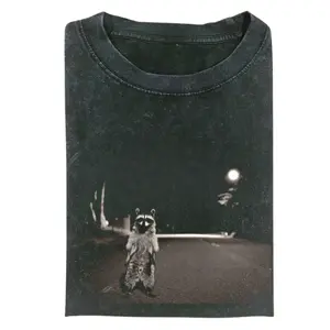 Funny Raccoon Meme T-Shirt, Vintage Animal Expression Graphic, Retro Humor Casual Wear, Soft Cotton, Made In USA, For Youth & Adult