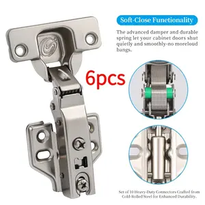 6pcs Full Coverage Soft-Close Hinges, with Silent Hydraulic Closing Mechanism, 105 Degree Angle, Easy Installation (No Drilling Required) - Frameless European Hidden Cabinet Door Hinges, Suitable for Kitchen Cabinets, Wardrobes