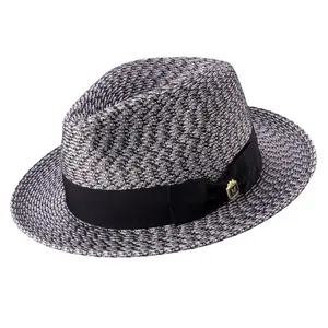 Black White Woven Patterned Fedora Hat with Grosgrain Band