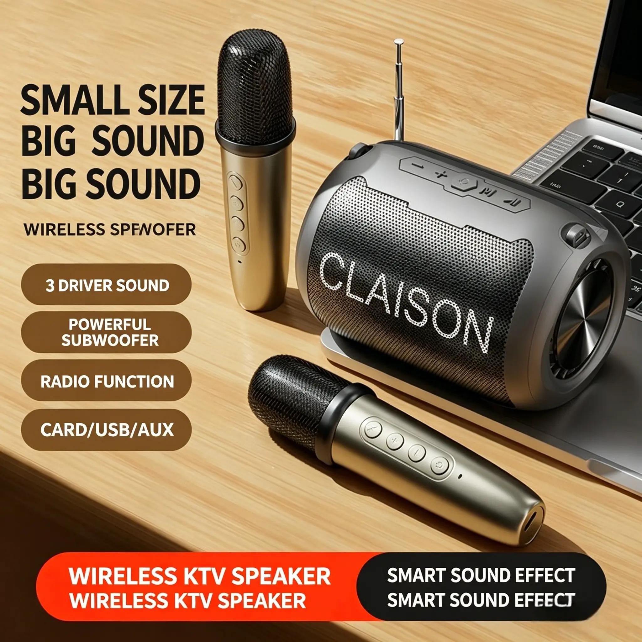 Portable Karaoke Bluetooth Speaker with 2 Wireless Mics - 3-Speaker Bass, Voice Changer, FM Radio, Supports TF/USB/AUX, All-in-One Home Party Singing Machine