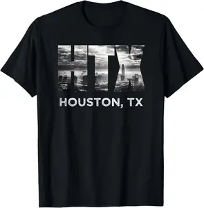 HTX City of Houston Skyline Art Downtown Texas Souvenir Gift Summer Casual Shortsleeve Cotton T-Shirt
