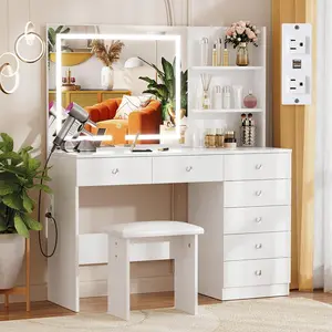 VOWNER 47" Full-Size Stylish Adjustable High-Brightness Makeup Vanity with Mirror, 7 Drawers, 3 Storage Shelves, Built-In Outlet, 3 Color-Adjustable Modes, Vanity Chair for Bedroom (White) - Illuminated Backlight Option