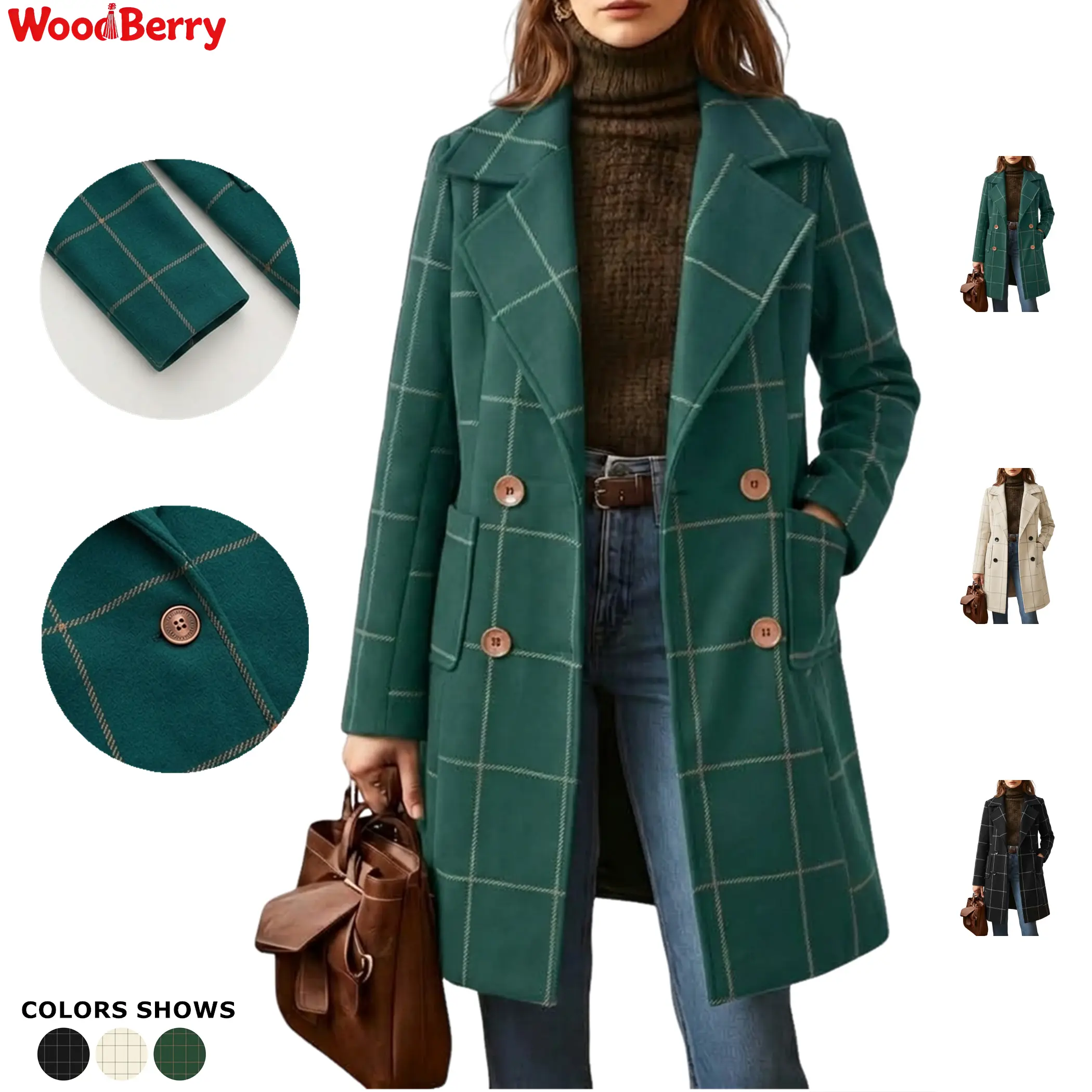 WoodBerry Women's Lady Plaid Wool Blend Notched Lapel Single Breasted Mid-Long Trench Coat - Long Sleeve, Full Lined, Casual Loose, Vintage Checker, Windproof Warm Outerwear with Pockets, Button Front Tops for Women Jackets for Fall Winter Work Outfits