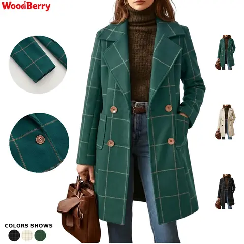 WoodBerry Women's Lady Plaid Wool Blend Notched Lapel Single Breasted Mid-Long Trench Coat - Long Sleeve, Full Lined, Casual Loose, Vintage Checker, Windproof Warm Outerwear with Pockets, Button Front Tops for Women Jackets for Fall Winter Work Outfits