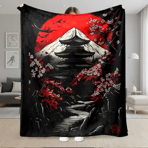 1pc Mount Fuji Pagoda Cherry Blossom Red Sun Japanese Art Flannel Machine Washable Blanket for Sofa, Bed, Office, Travel, Camping, Pet, Super Soft Cozy Warm Lightweight Throw Blanket, All Season Decor Gift for