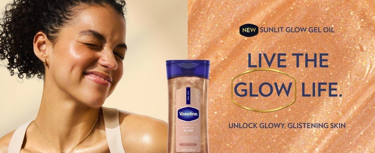 Vaseline Glazed and Glisten Sunlit Glow Body Gel Oil Vanilla Cocoa Shimmering with Ultra-Hydrating Lipids and 100% Pure Cocoa Butter, 6.8 Oz