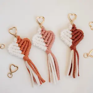 Macrame Heart Keychain - Valentines Gift - Handmade Boho Style with Tassel and Gold Heart Charm - Perfect for Valentines Day
