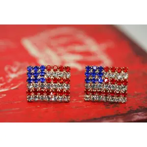 Rhinestone American USA Flag 4th July Stud Earrings, Gold-Plated Patriotic Red White Blue Flag Earring, Patriotic Independence Jewelry