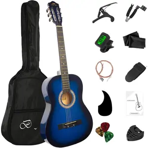 38in Beginner Acoustic Guitar Basic Starter Kit Tuner Bag Capo Strings Winders Strap Picks Student/ Guitar Pickguard with Gig Bag Blue