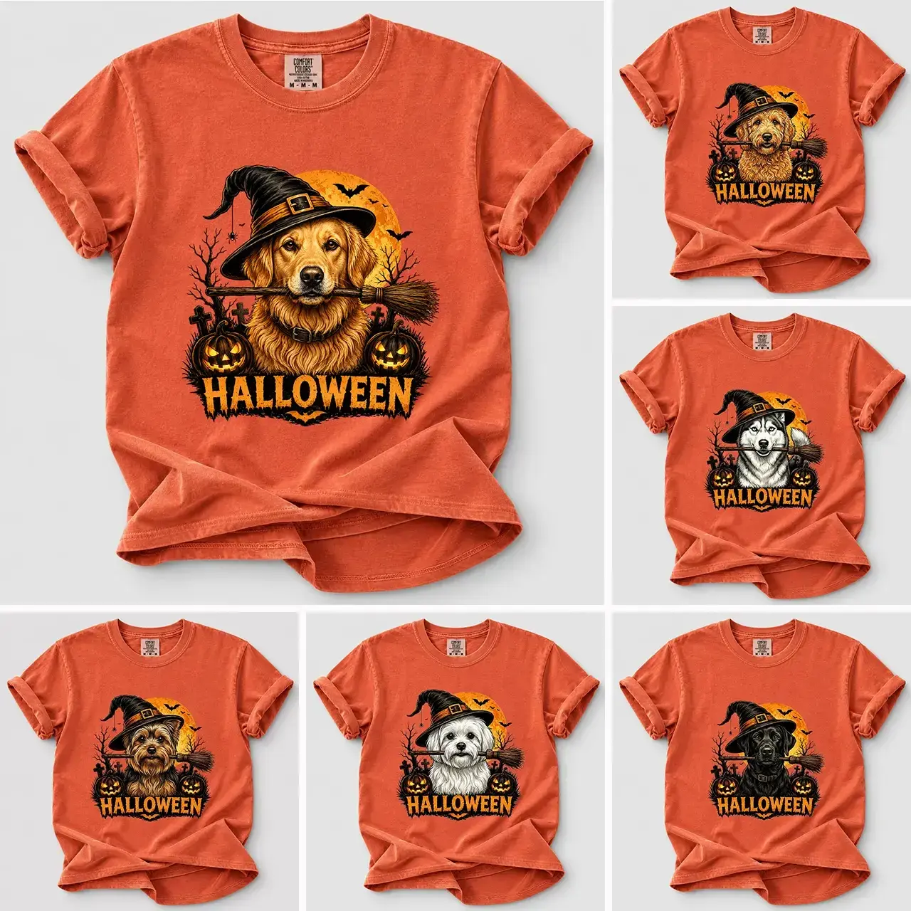 Custom Dog Comfort Colors 50+ Dog Breeds Halloween Dog Shirt, Dog Breeds Available Witch Hat Pumpkin Tee, Golden Retriever Husky Frenchie Dachshund German Shepherd Graphic Shirt, Spooky Dog Mom Dog Lover Gift, Gift for Dog Lovers
