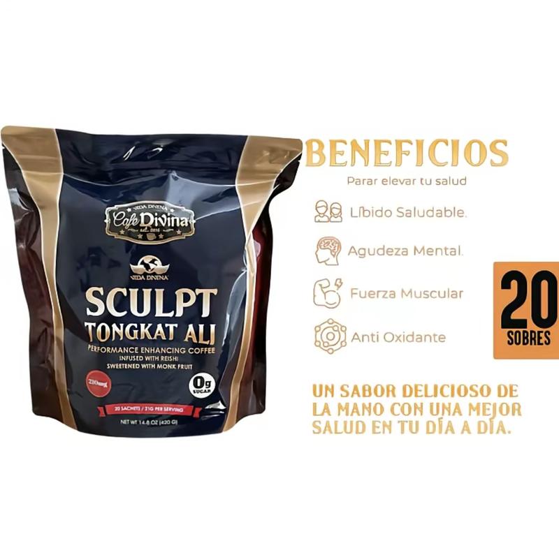 Sculpt Tongkat Ali Performance Enhancing Coffee Infused with Reishi Sweetened with Monk Fruit 210mg Reishi Spores 20 Sachets 14.8oz Beverage Antioxidant Healthy Lifestyl