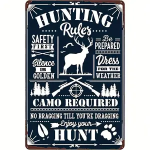Vintage Hunting Rules Metal Tin Sign - Camo & Safety First, Rustic Deer Warning Poster for Farmhouse Decor, 12x8 Inch - Ideal Gift for Hunters & Outdoorsmen