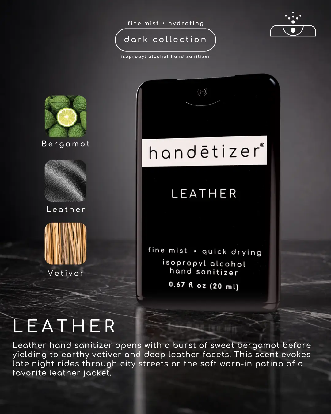 Handetizer Leather Fine Mist Hydrating Hand Sanitizer with Bergamot & Vetiver Scent 0.67 fl oz 20 ml