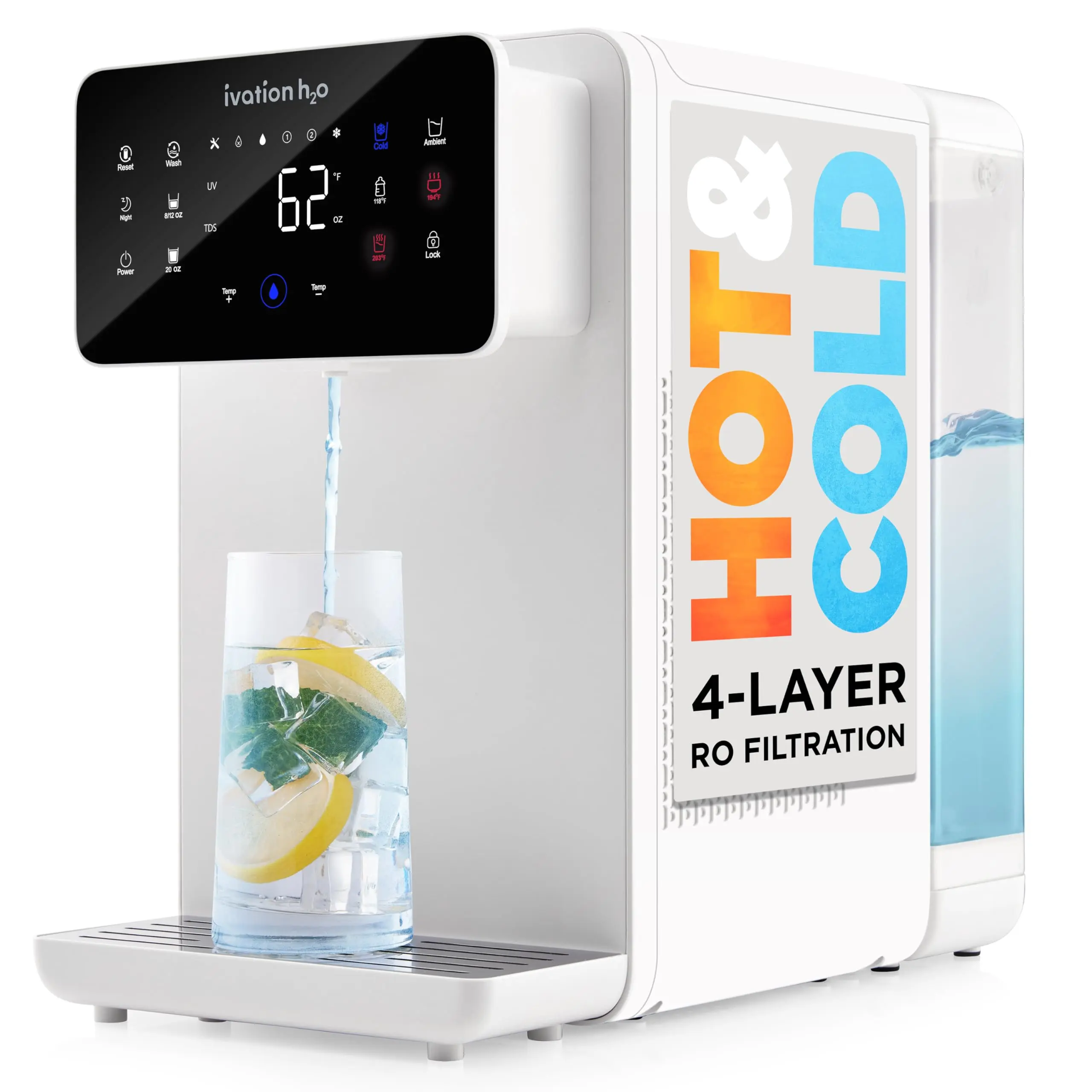 Ivation H2O Hot & Cold Countertop Reverse Osmosis Water TDS Filter System, 4 Stage RO Water Filtration, 6 Temperature Presets, 3:1 Pure to Drain, Portable Plug-and-Play - White