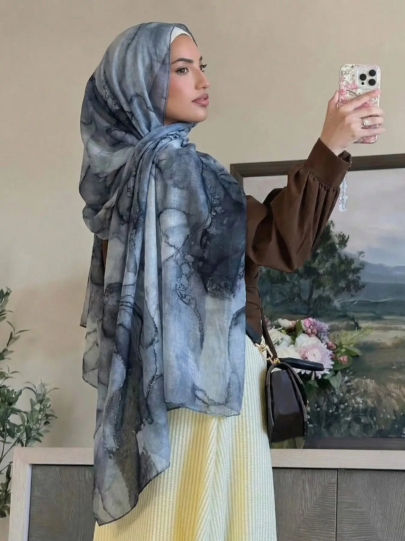 Boho Style Ink Painting Print Polyester Shawl Scarf, Summer Fashion Elegant Women's Beach Sun Protection Soft Hijab Headscarf, All Seasons Lightweight Breathable Accessory