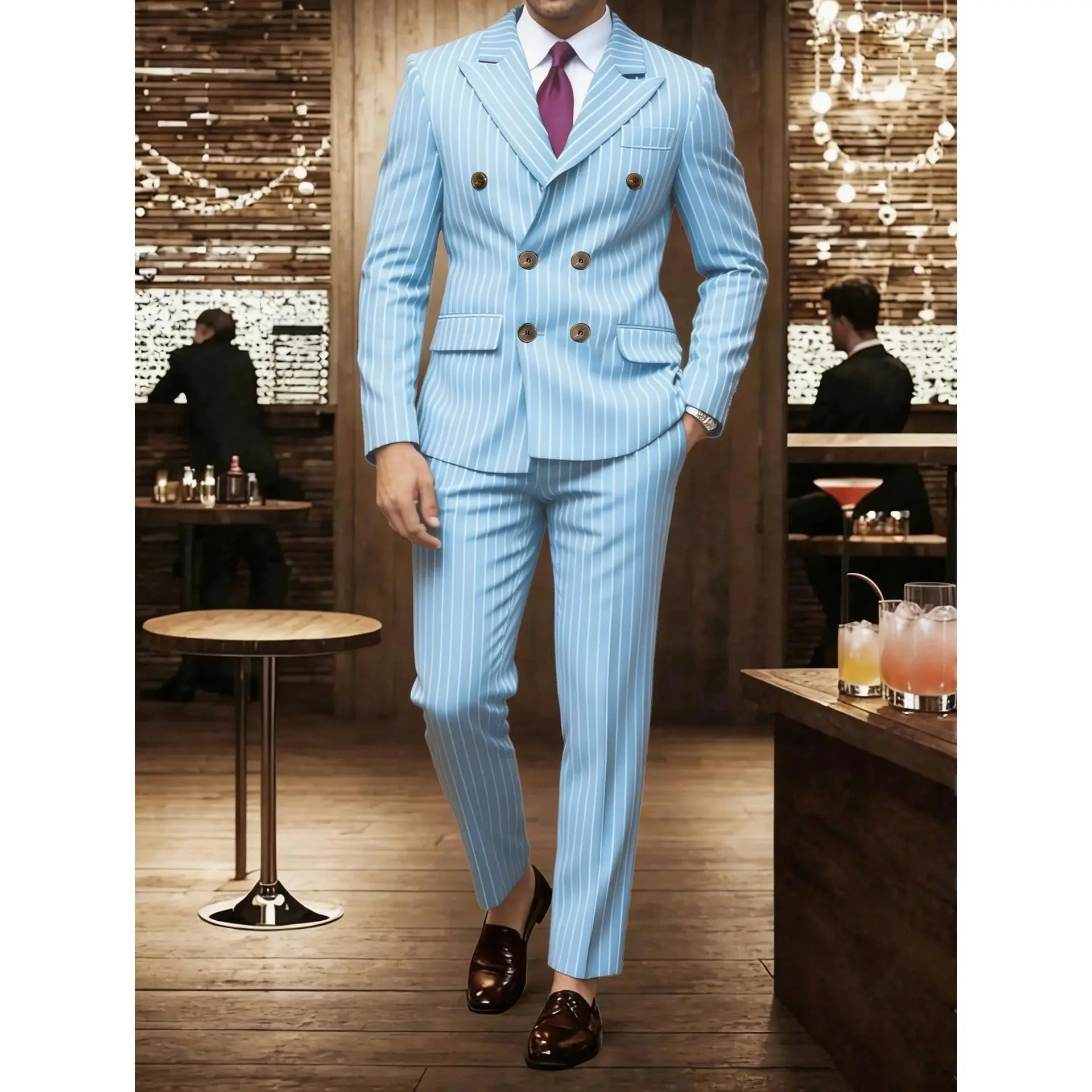 2026 Suit Men's Striped Suit Trousers Business Dinner Wedding Polyester Fiber Peaked Collar Single Row Buttons Spring Autumn Menswear - Fabric