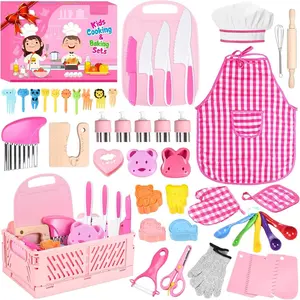 L-AD015 Kids Knife Set for Real Cooking: 48PCS Kids Kitchen Set,Kids Cooking Sets Real with Apro and Basket,Kid Kitchen Accessories,Toddler Baking Kitchen Tools, Montessori Toys for 3+ Year Old Birthday Gifts