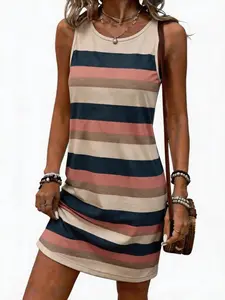 Women's Summer New Knitted Round Neck Sleeveless Digital Wide Striped Print Dress, Casual Vacation, Breathable, Comfortable and Stylish