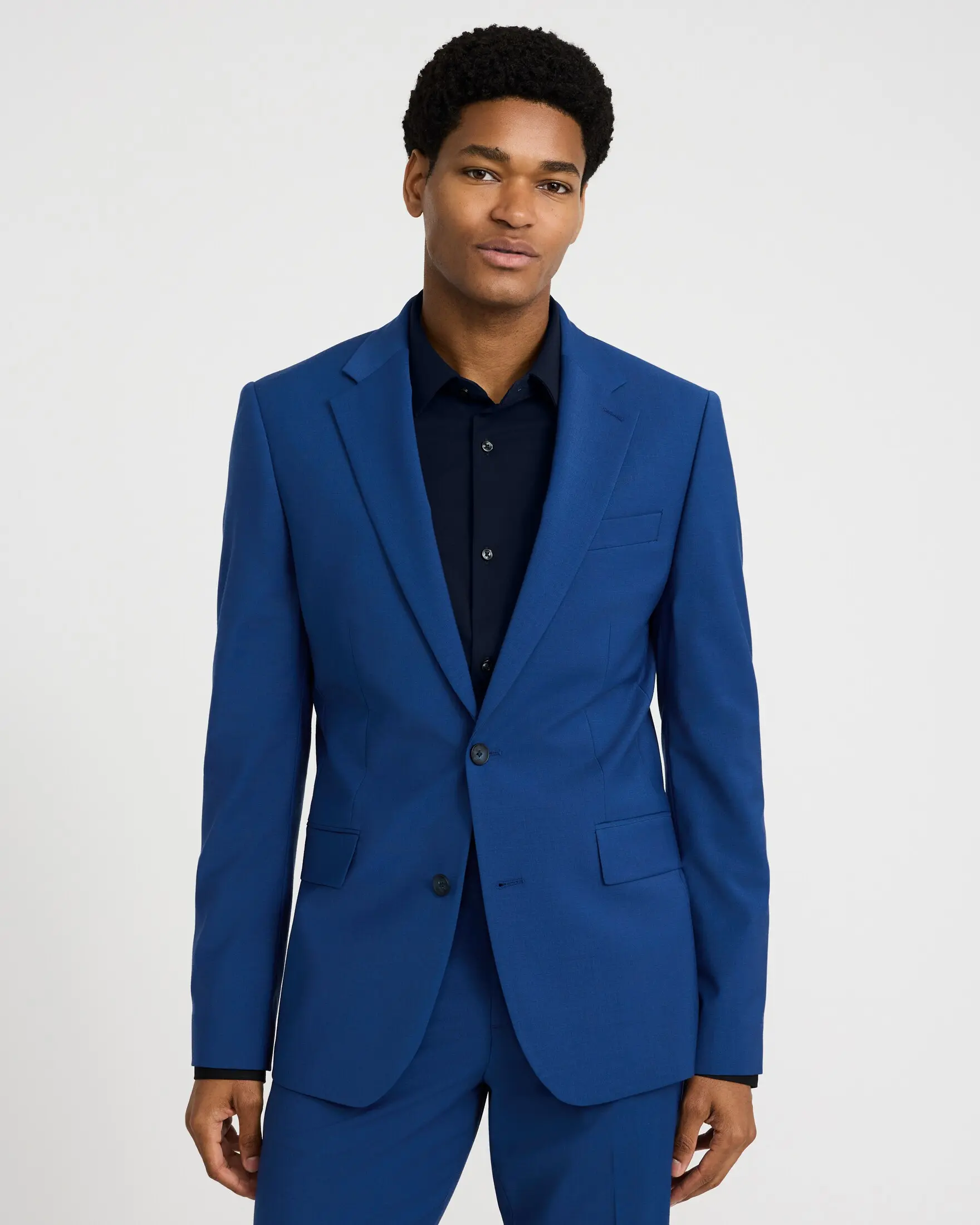 Express Extra Slim Blue Wool-Blend Washable Modern Tech Suit Jacket, Stretch, Spandex, Long Sleeve, Formal Wear, Sleeves