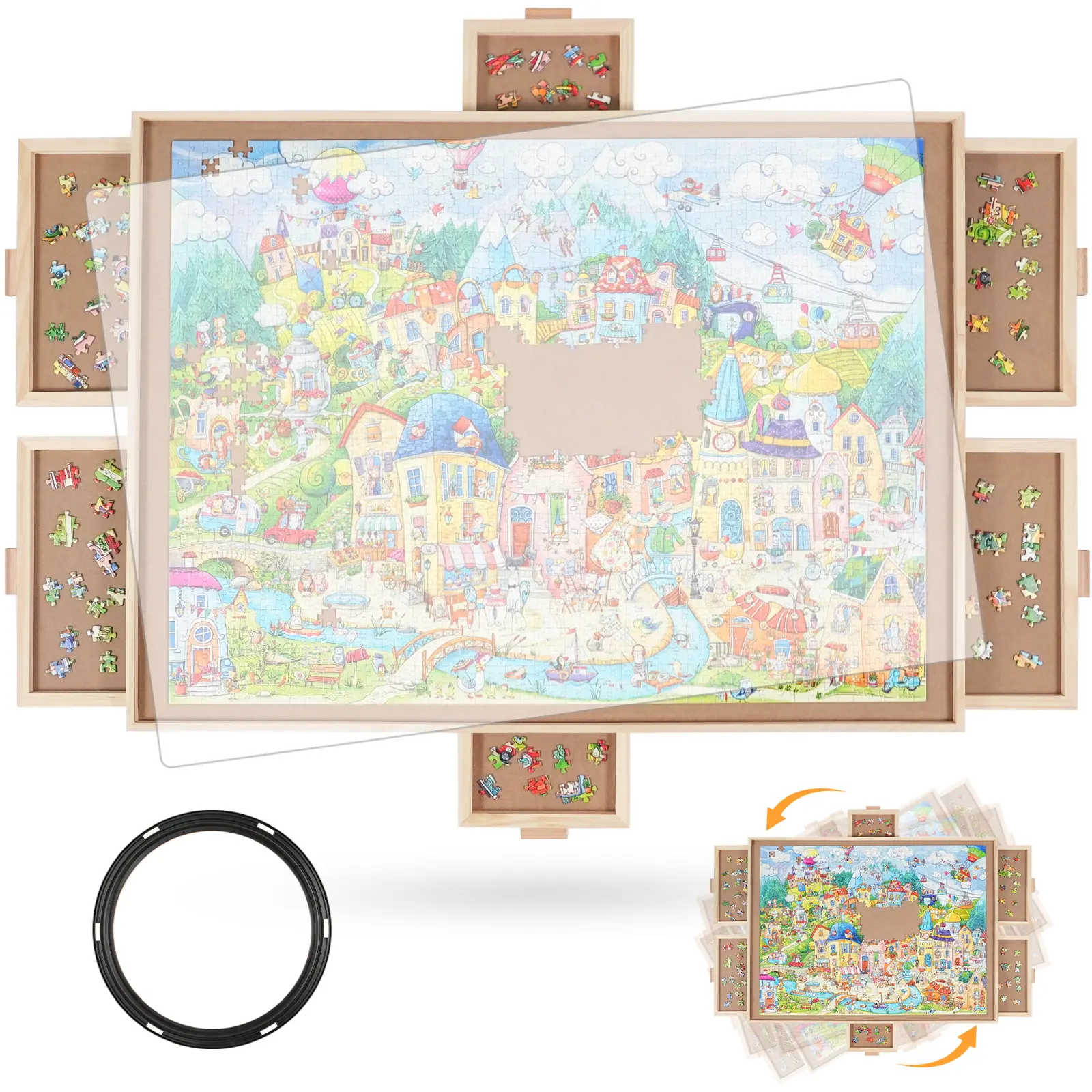 ALL4JIG 1000/1500/2000 Pieces Rotating Puzzle Board with 6 Drawers and Cover,26"x35"Portable Wooden Jigsaw Puzzle Table for Adults and Mother’s Day Gift ,Lazy Susan Spinning Puzzle Boards Mother’s Day Gift  for mom