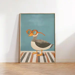 Colorful Bird Wall Art | Funny Hipster Duck Poster | Preppy Animal Dorm Decor | Sunglasses Striped Duck Artwork, Room Decor, Unframed
