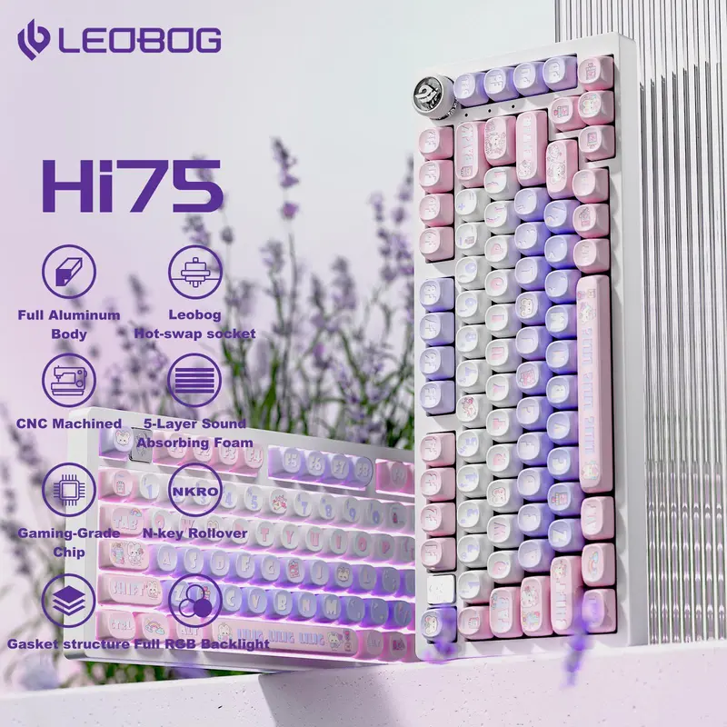 Hi75 Aluminum Alloy Mechanical Gaming Keyboard with Gasket-Mounted Functional Knob, Wired,75% Layout Hot Swappable RGB Backlit for Win PC - Purple Magic Bear