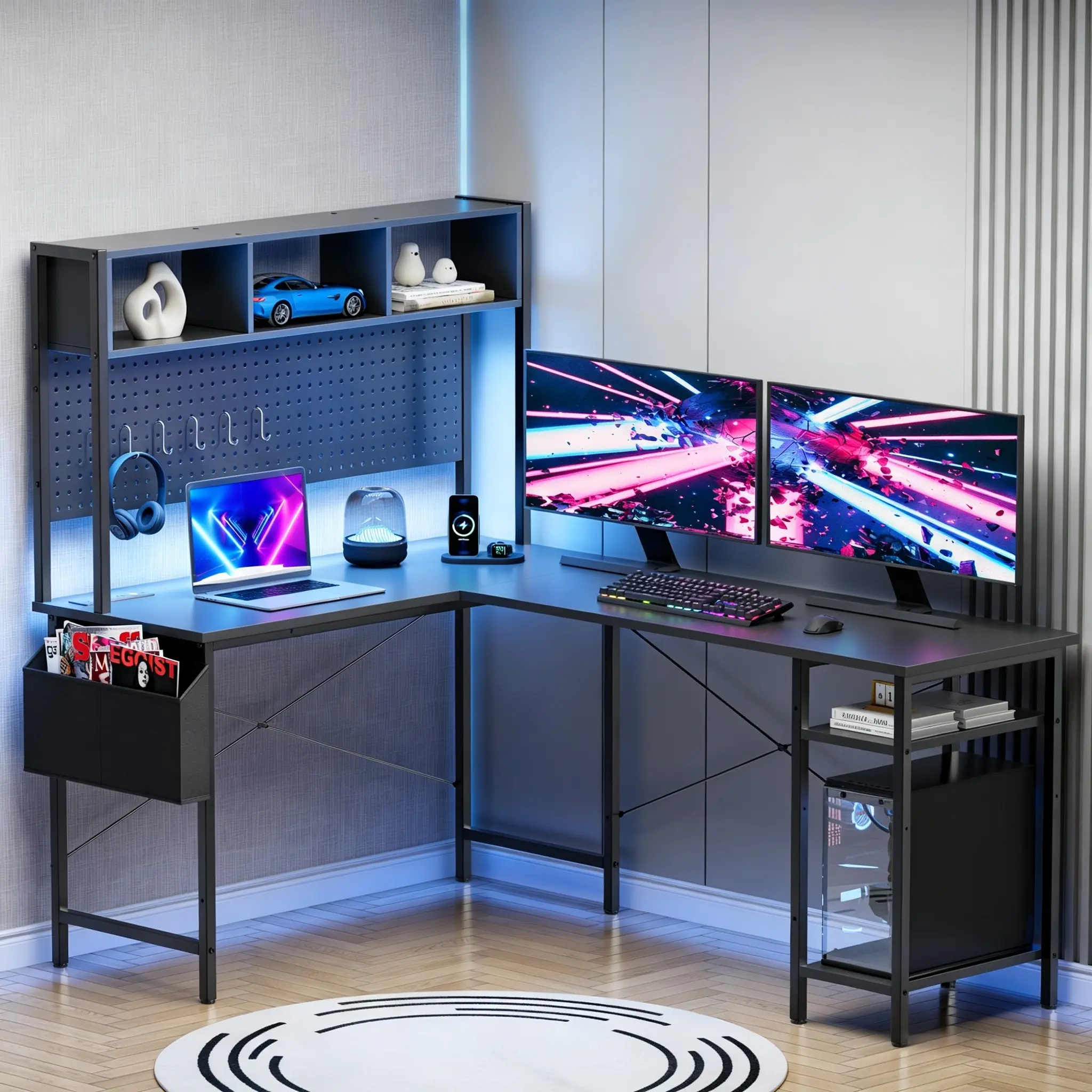 Mr IRONSTONE L Shaped Gaming Desk with LED Lights & Power Outlets, Reversible Computer Desk with Storage Shelves & Bag, Large Corner Home Office Desk with Pegboard for Work from Home, Black