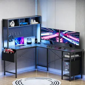 Mr IRONSTONE L Shaped Gaming Desk with LED Lights & Power Outlets, Reversible Computer Desk with Storage Shelves & Bag, Large Corner Home Office Desk with Pegboard for Work from Home, Black
