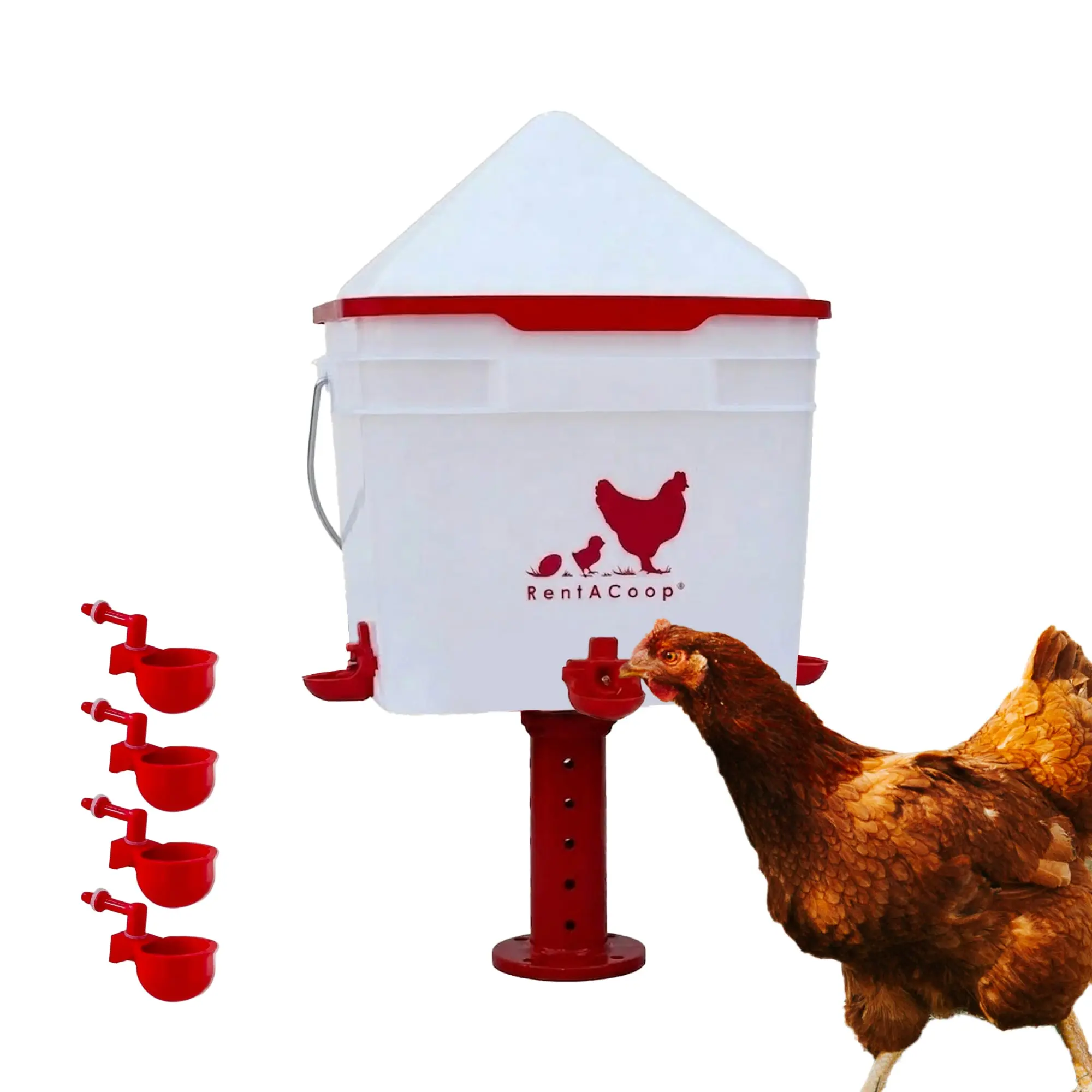RentACoop 2 Gallon Chicken Waterer with 4 Auto-Fill Water Cups, 4 Horizontal nipples, and Custom Adjustable Stand