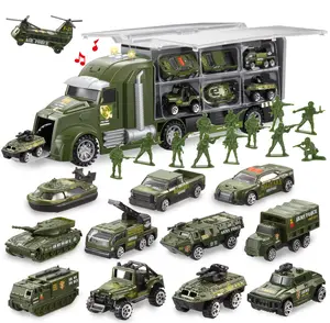 25 in 1 Green Military Big Truck Toys, Army Men Toys, Army Tanks Set with Soldier Men, Mini Battle Car Toy in Carrier Truck with Lights and Sounds, Gifts for Kids