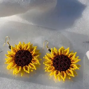 Handcrafted Sunflower Beaded Earrings - Yellow & Brown Seed Beads - Gold Tone Hooks - Unique Boho Jewelry