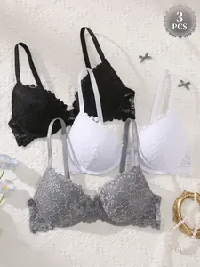 3PCS Lace Underwire Seamless Push-Up Bra,Deep V Front Buckle Add cup Buttery Soft Breathable Adjustable Straps, for Daily Wear Backless Dates Plunge Underwear