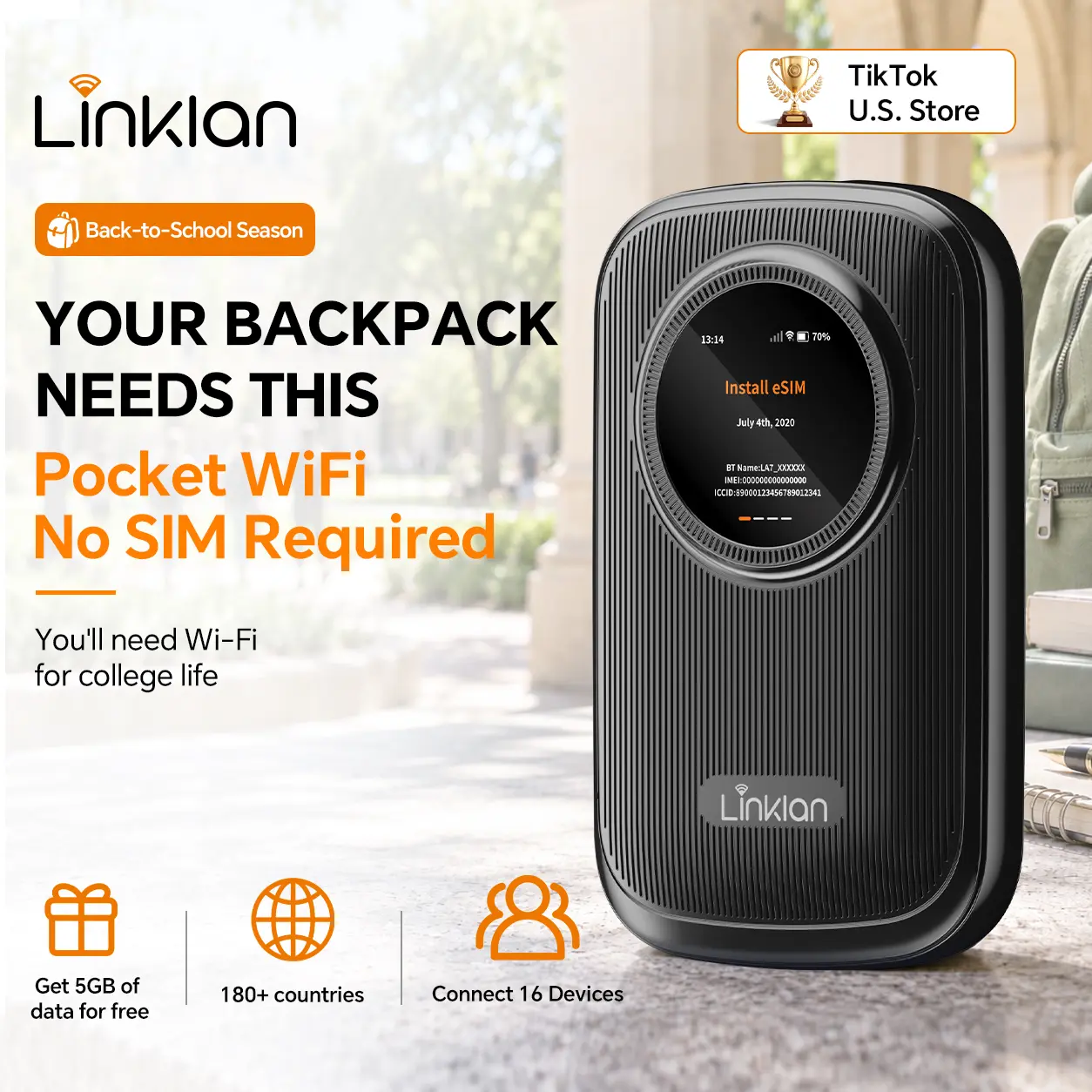 Linklan SIM-Free 4G LTE Portable Wi-Fi Hotspot—USB-C Wireless Mini Pocket Router, supports 180+ countries, connects up to 16 devices, ideal for home and office use, outdoor adventures, a must-have for road trips, and back-to-school season