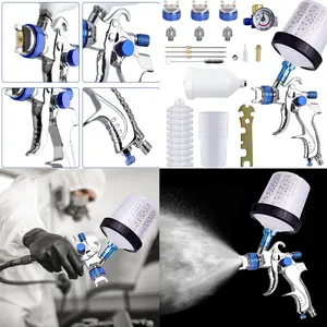 HVLP Paint Sprayer With 10pcs 600ML Mixing Quick Cup, Spray Paint Gun Set Contain 3 Nozzles 1.4/1.7/2mm &Pressure Gauge, Sprayer Gun For Car Painting, Furniture Surface Spraying (Blue Set)