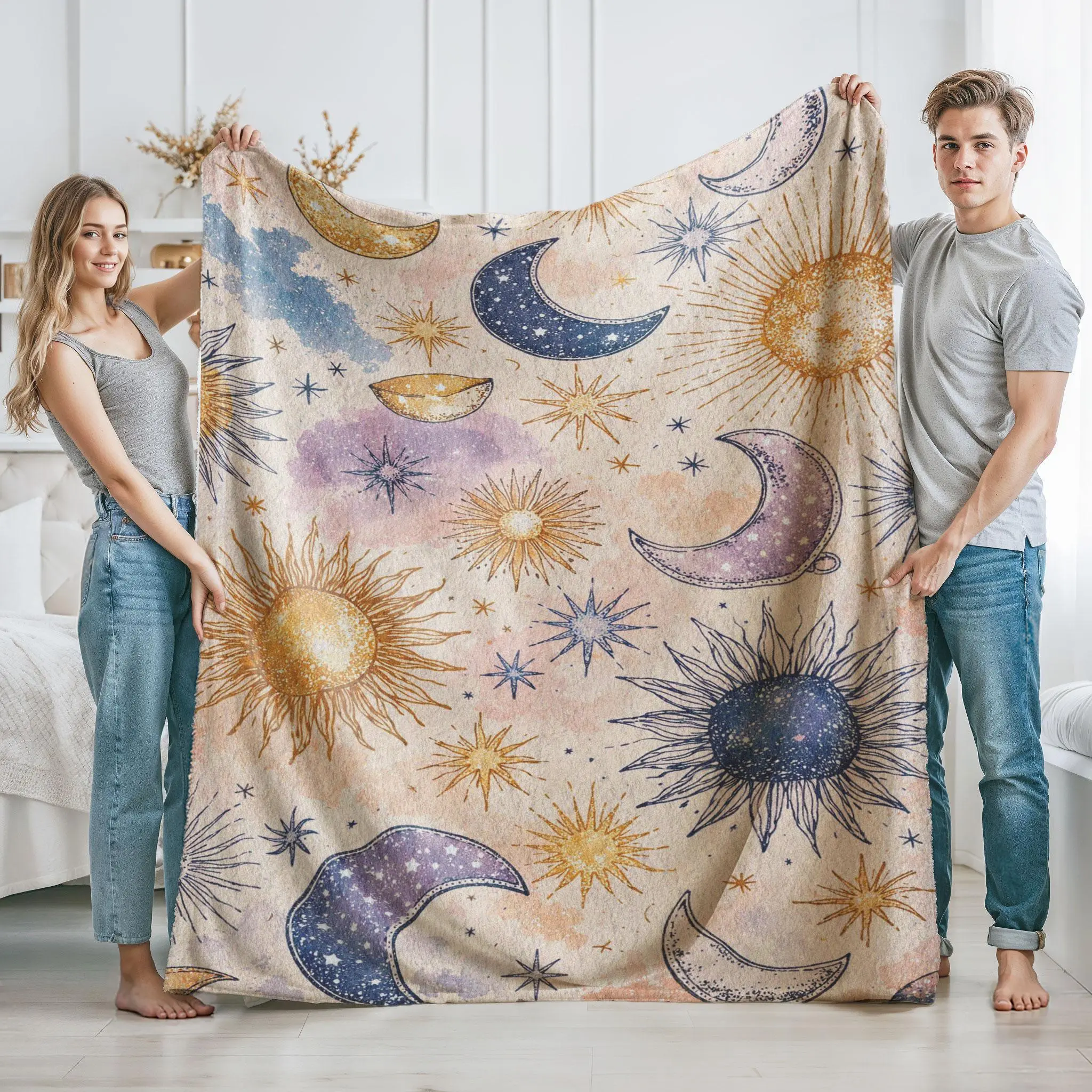 Celestial Fleece Blanket Sun Moon Star Design Cozy Throw Boho Aesthetic Galaxy Sky Blanket Spiritual Space Warmth Unique Gift