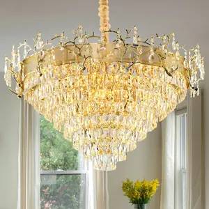 Modern Crystal Chandelier Gold Round French Chandeliers for Dining Room K9 Crystal Luxury Ceiling Pendant Light Fixtures Mount Hanging Chandelier for Living Room Hotel