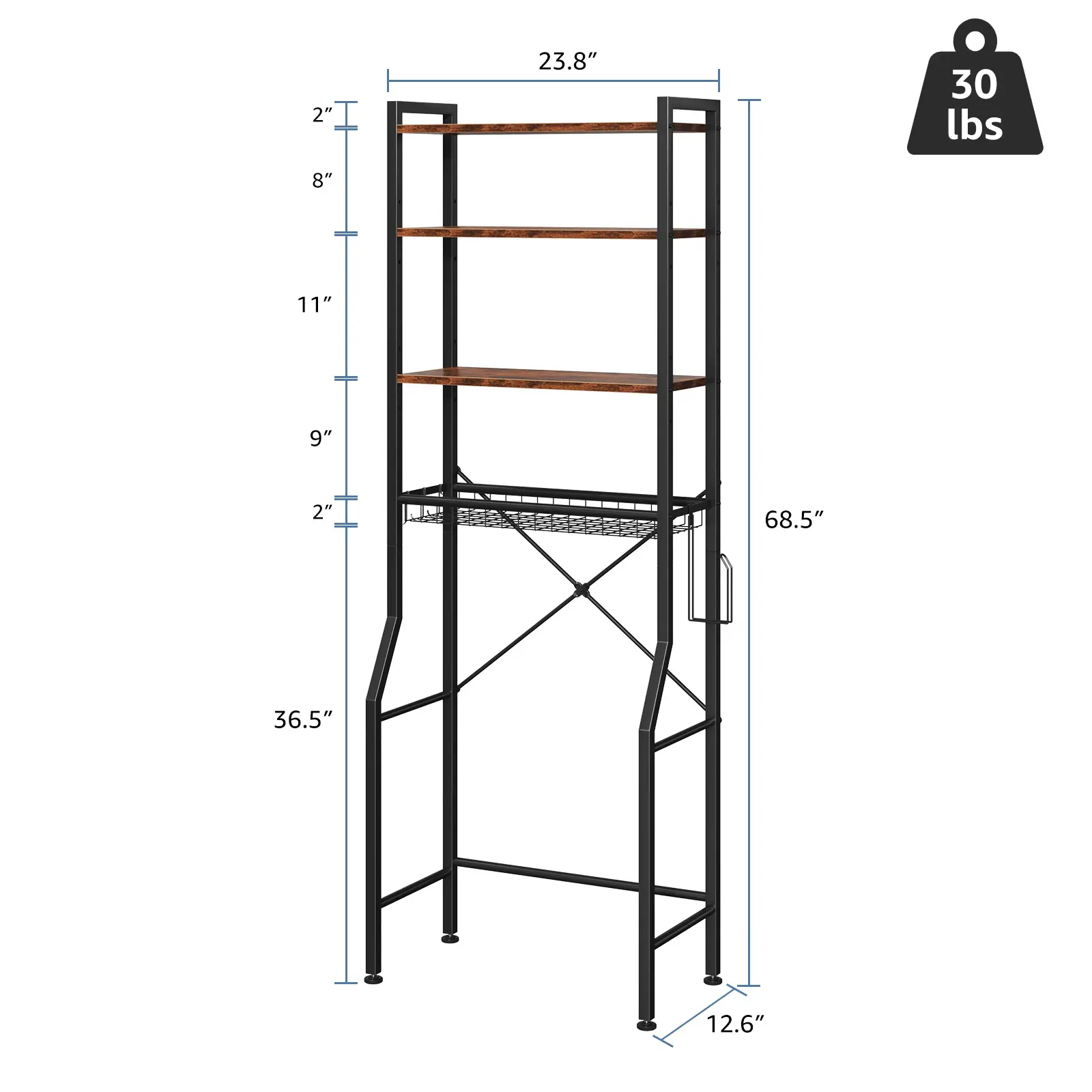68IN Freestanding Bathroom Storage Rack Iron and Wood Over-the-Toilet Organizer Bathroom Shelf for Towels and Toiletries Rustic Farmhouse Bathroom Design