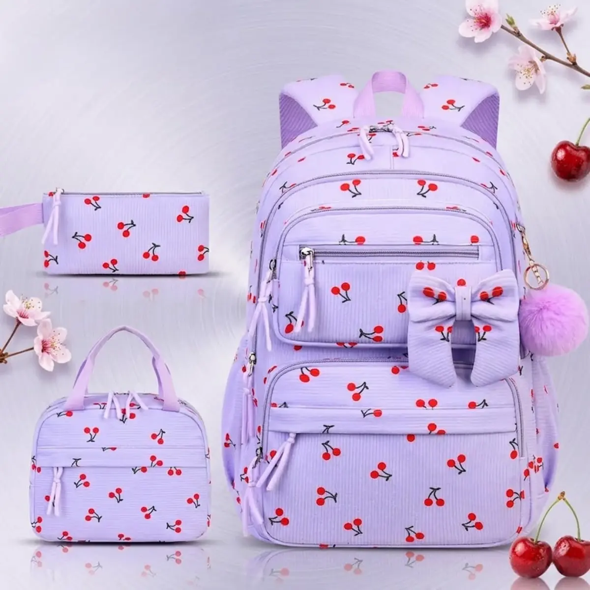 3 Pcs Girls School Backpack Set with Lunch Bag Pencil Case, Corduroy Cherry Pattern Bookbag with Bow Fluffy Ball Keychain, Aesthetic Coquette Back to School Backpacks for Elementary Middle School Teen Girls, Lightweight Travel Daypack Purple