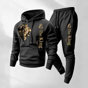 Men's 2-Piece Lion Print Hooded Sportswear Set - Long-Sleeved Hoodie, Drawstring Track Pants, Casual Everyday Wear for Autumn & Winter Indoor/Outdoor Activities