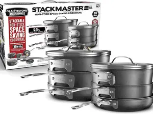 Granitestone Original Stack Master 10 Piece Cookware Set, Triple Layer Nonstick Granite Stone with Diamond infused Coating, Dishwasher Oven Safe, Non-Toxic Pots and Pans, Large, Black