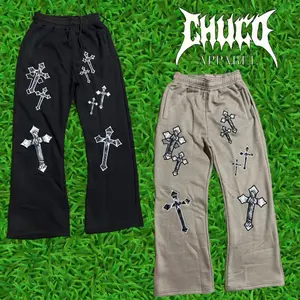 Chuco Cross Sweatpants Flared - Black & Khaki with Embroidered Crosses for Men / Women Bottom