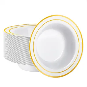 Goodluck 50PCS 12oz Gold Rim Plastic Bowls BPA-Free Premium Disposable for Weddings Parties & Holiday Events Elegant Design Sturdy Durable