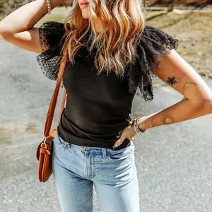 Black Dotty Mesh Ruffle Sleeve Ribbed Knit Top