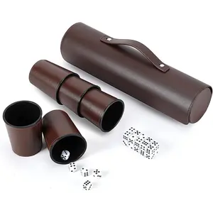 Party Games Leather Dice Cup Set, 5 Black Dices Cups + 25 Dice + Exclusive Storage and Transport Case Made of Faux