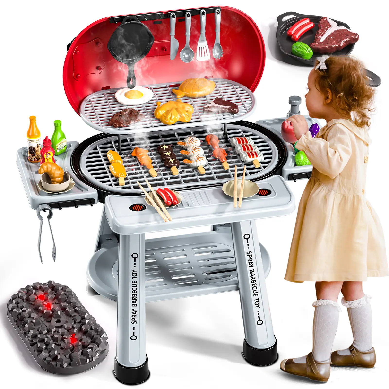 34-Piece BPA-Free Toddler Interactive Barbecue Pretend Play Set - 3-4 Years, Simulated Smoke, Flashing Lights, Realistic Sound Effects, Rich Ingredient Accessories, Fantasy & Sci-Fi Themed, Boosts Children Development, Portable, Unisex Kids Toy